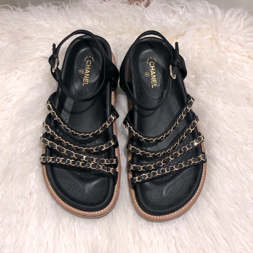 CHANEL Black leather and Satin with Gold Chain Sandals - Picture 3 of 10